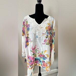 NWT Spense Boho Floral Tunic Blouse 1X White Crochet Lace Neck Peasant Top